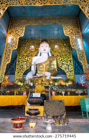 MAEHONGSON, THAILAND - MARCH 16:Buddha statue in main church of Wat Jong Kham is unique outstanding with Burmese-style art in Thai temple in Maehongson, Thailand, was taken on March 16, 2015.