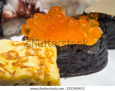 Salmon egg sushi is delicious Japanese food, made from rice and raw salmon eggs
