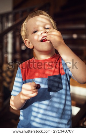 Happy little toddler boy eat berry. Outdoor portrait
