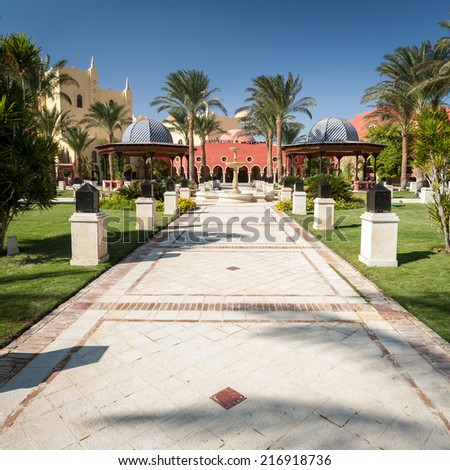 HURGHADA, EGYPT - NOVEMBER 17, 2006: The main entrance to a large hotel resort complex near the Red Sea, Egypt.