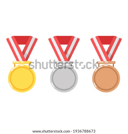 Gold medal for first place in a sports competition. Silver for second place. Bronze for third place. Victory. Red ribbon. Flat minimalistic design. Icons. Isolated clipart set on white background.