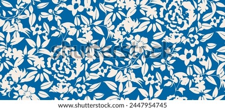 Simple monochrome two-color seamless pattern with flowers silhouette.