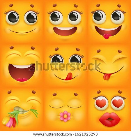 Yellow cartoon emoji characters square icons set in various emotions. Vector illustration