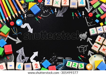 Black board with school tools temlate. Back to school concept