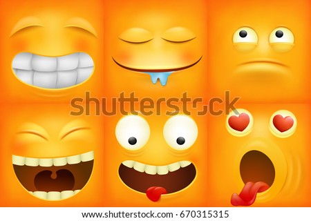 Yellow cartoon emoticon square icons set. Vector illustration