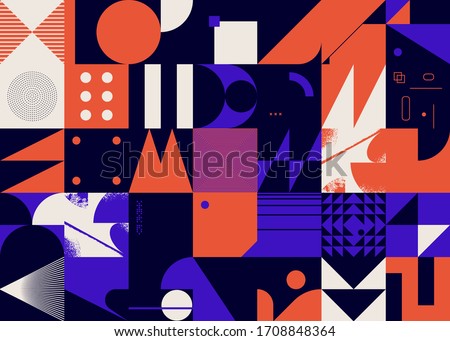 Geometric distress aesthetics in abstract pattern design. Brutalism inspired vector graphics collage made with simple geometric shapes and grunge texture, useful for poster art and digital prints.