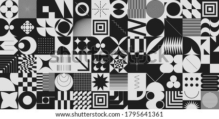 Simple geometric abstract vector pattern with simple shapes and monochrome colors. Geometric graphics composition, best use in web design, business card, invitation, poster, textile print, background.