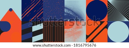 Deconstructed postmodern inspired artwork of vector abstract symbols with bold geometric shapes, useful for web background, poster art design, magazine front page, hi-tech print, cover artwork. Foto stock © 
