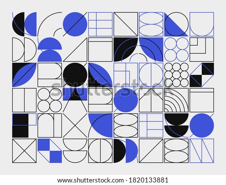 Abstract linear geometric pattern texture inspired by Bauhaus design style. Modern geometry composition artwork with simple vector shapes and basic forms, great for poster design and web presentation.