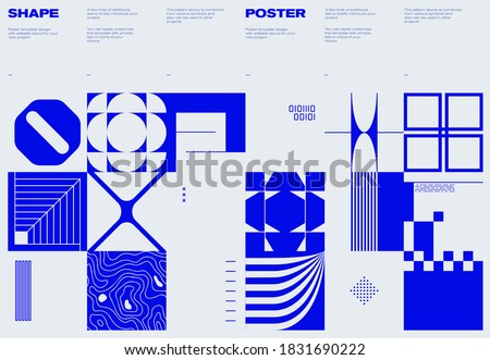 Swiss poster design template layout with clean typography and minimal vector pattern with colorful abstract geometric shapes. Great for branding, presentation, album print, website header, web banner.