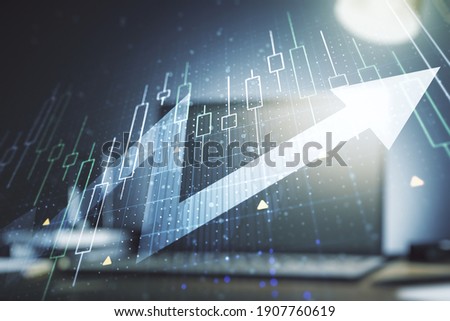 Double exposure of abstract creative financial diagram with upward arrow on computer background, growth and development concept Foto stock © 