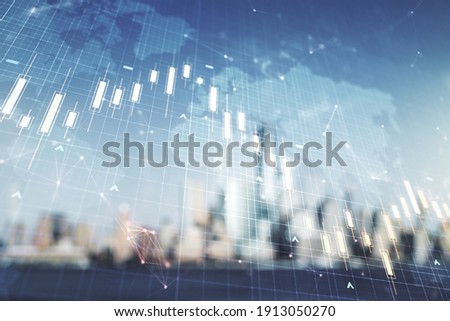 Double exposure of abstract creative financial chart hologram and world map on blurry cityscape background, research and strategy concept