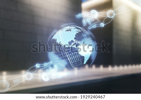 Abstract virtual robotics technology hologram with globe on blurry contemporary office building background, artificial intelligence and machine learning concept. Multi exposure