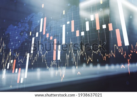 Abstract creative financial graph and world map on blurry contemporary office building background, financial and trading concept. Multiexposure