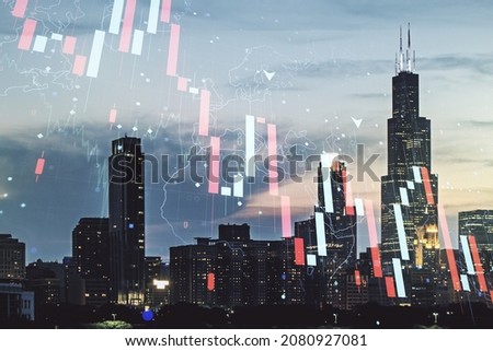 Double exposure of abstract virtual global crisis chart and world map hologram on Chicago city skyscrapers background. Financial crisis and recession concept Сток-фото © 