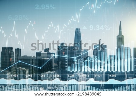 Multi exposure of virtual creative financial chart hologram on San Francisco skyscrapers background, research and analytics concept Stock fotó © 