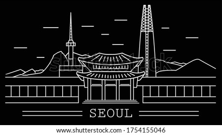 seoul city, white line art with black backgrounds 
