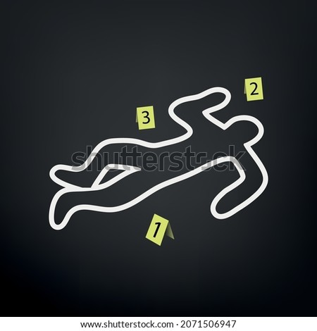 Silhouette of the dead man painted on the ground, with yellow forensic evidence markers, crime scene, vector illustration background