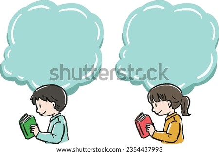 Frame illustration set of man and woman reading book Profile bust up