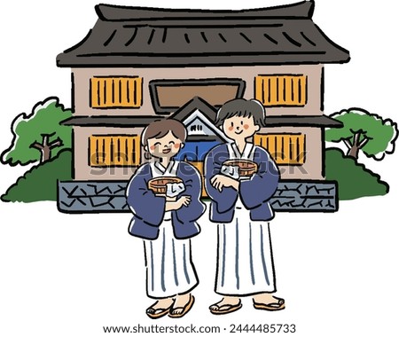  Loose hand-drawn style illustration of a man and woman wearing a yukata and an inn