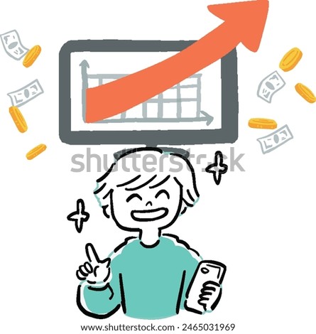 Illustration of a man with a smartphone who succeeds in investing