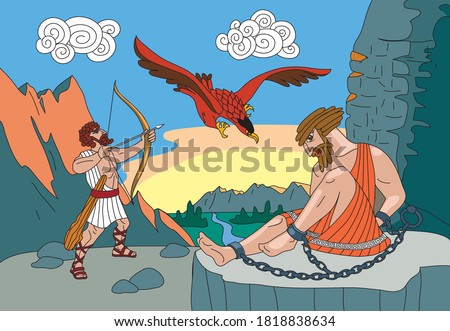 Hercules kills an eagle that bites the liver of Prometheus chained to a rock