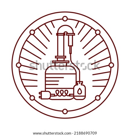 Moonshine still icon. Cooper alcohol distillation unit alembic. Vector illustration in line art style