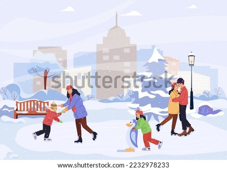 People skating on ice rink outdoors in winter. Children skaters in cold snowy weather. A lovely ice skater couple is embracing and smiling. Winter sport and activities. Flat vector illustration