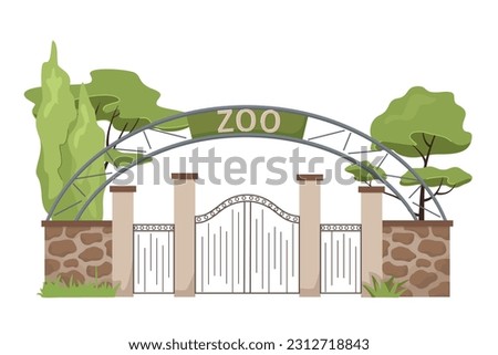 Zoo entrance. Cartoon zoological garden outdoor wild animals park with metal fencing and stone pillars, trees and bushes isolated on white background. Vector illustration in flat style