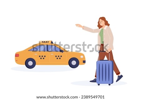 Young woman with baggage go to taxi stop. Girl with suitcase catches taxi. City transport, transfer for tourists. Yellow car, urban transportation service vector illustration