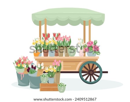 Flower market cart with early spring garden flowers in bouquets and pots. Floral design elements for mother's day, Valentine's Day, birthday. Vector illustration style isolated on white background.
