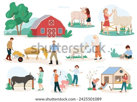 Collection illustrations of children visit contact zoo. Girls and boys feeding domestic animals in the farm. Little kids petting llama, rabbits, piglet and feed the poultry. Flat vector illustration