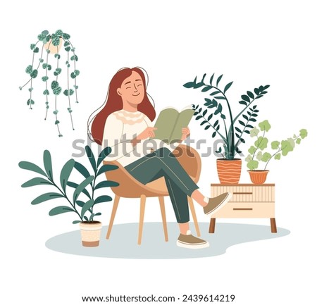 Relaxed girl comfortable sitting on the armchair and reading book surrounded by plant. Personal space concept. Selftime. Indoor garden, cozy interior design. Flat vector illustration isolated on white