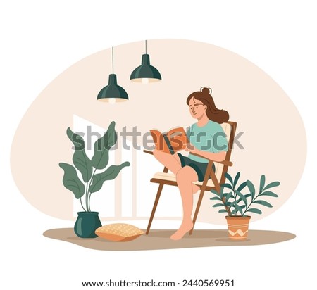 Relaxed girl comfortable sitting on modern chair and reading book surrounded by plant. Personal space concept. Selftime. Indoor garden, cozy interior design. Flat vector illustration isolated on white