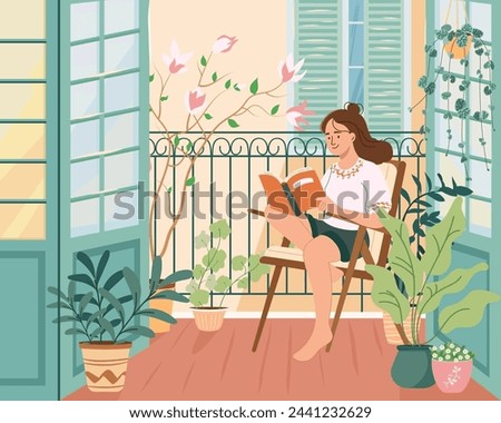 Relaxed girl comfortable sitting on home balcony garden with potted green plants. Personal space concept. Selftime. Urban house jungle on cozy terrace, view from room. Flat vector illustration