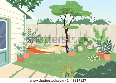 Cozy backyard with hammock and plants in pots House patio with fence, furniture for picnic green grass and tree Summer landscape of yard Vector cartoon illustration