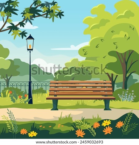 Bench in summer public garden. City park with green trees, grass, wooden bench and lantern. Vector illustration cartoon landscape with empty park