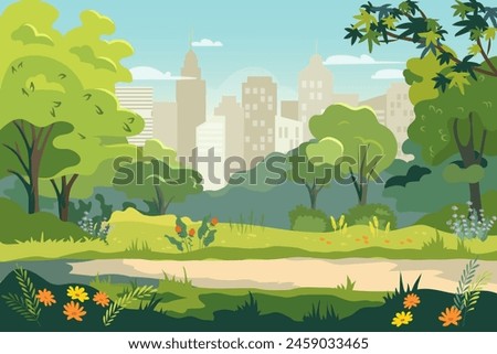 Public garden in the City. Panoramic view of city park with green trees, grass and cityscape on background. Vector illustration cartoon landscape with empty park and town buildings on skyline