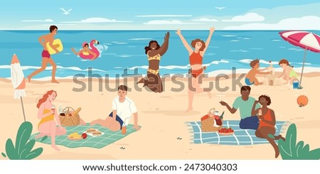 Happy people on beach. Cute men, women sunbathing on sand, swimming in water at sea resort, ocean coast. Kids building sand castle together. Couple with basket having lunch on sandy beach. Flat vector