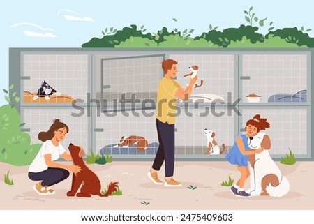 Friendly man and woman volunteer working in animal shelter Rehabilitation or adoption center young men and women feed and playing with homeless dogs in pound Volunteering charity vector cartoon banner