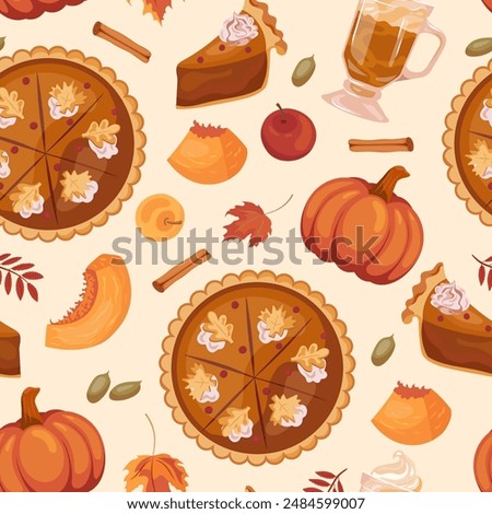 Vector seamless Thanksgiving pumpkin pie pattern with pumpkin latte, cinnamon and apples. Template page design traditional American cake. Background for wallpaper, packaging, wrapping paper.