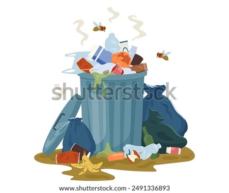 Metal garbage container with unsorted trash. Decaying garbage and trash bags left lying around dump that smells ugly and started to decompose. Vector Illustration isolated on white.