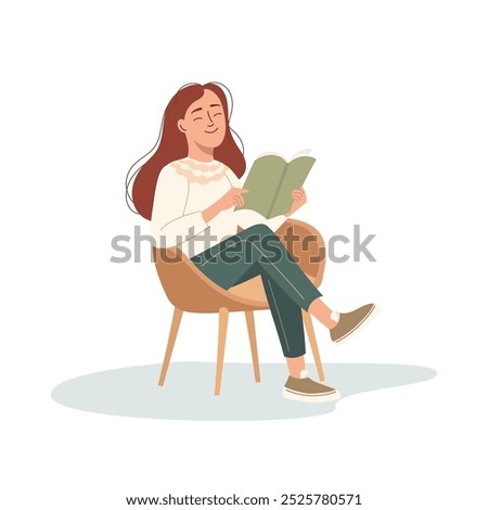 Relaxed girl comfortable sitting on modern chair and reading book. Cute teenage girl spends selftime reading a magazine. Flat vector illustration isolated on white