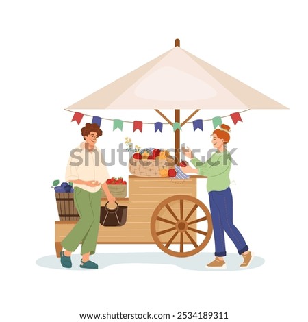 Local farmer offering fresh apples at market cart. Friendly female vendor selling natural organic domestic food. Woman selling fruits at the stall Flat vector illustration isolated on white background