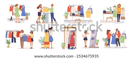 Collection flat vector illustrations people in clothes shop. Buyers shopping in boutique. Fashion women choosing modern clothes on hanger rails. Outfit, apparel, trendy garments choice in showroom