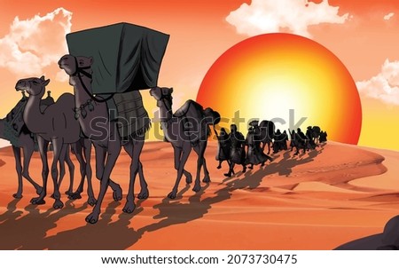 An Arab caravan walking in the desert