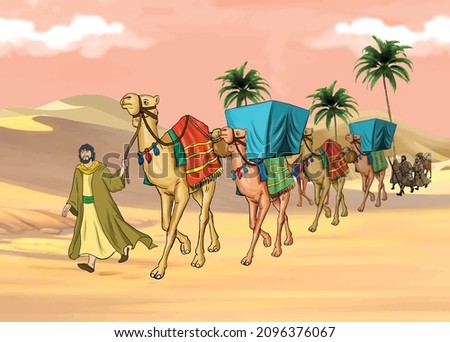 A caravan of camels walking in the desert at sunset