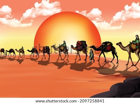 A caravan of camels walking in the desert at sunset