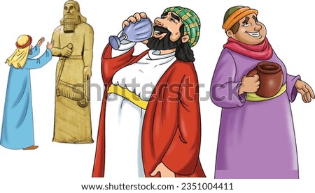 Two men drinking and a man worshiping an idol
