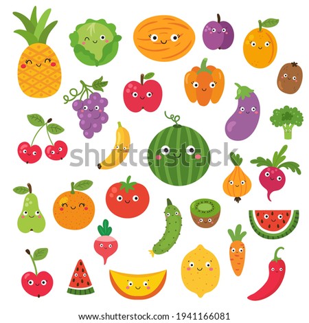 vector set of fruits, clipart for kids with kawaii face, cartoon vegetables for children